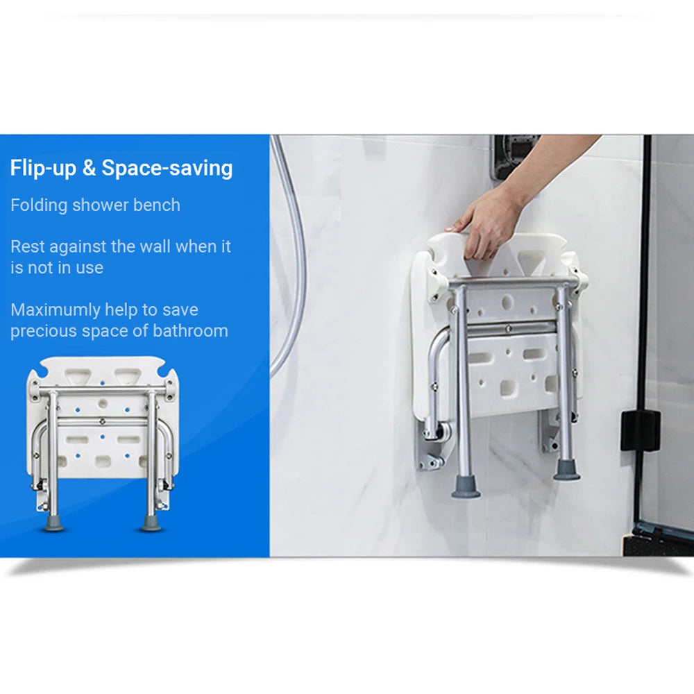 Wall Mounted Shower Seats Folding Shower Bench Bathroom Chair Stool with Non-slip Feet Drainage Holes For Elderly Disabled