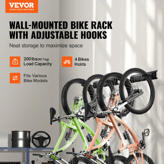 VEVOR Bike Storage Rack Wall Mount Bike Storage Hanger with 2 Helmets Hooks Adjustable Holder for 4 Bikes Home Garage Organizer