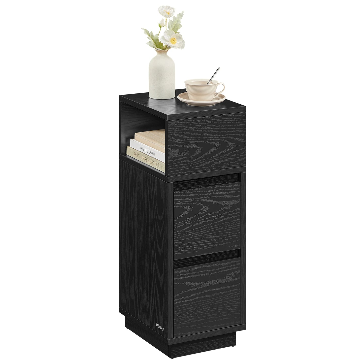 VASAGLE Slim Bedside Table, Small Narrow Side End Table with 2 Drawers, 1 Open Compartment Mounted to Face Left or Right