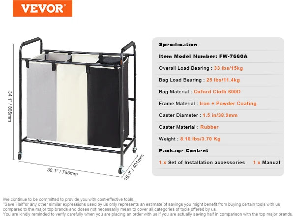 VEVOR 3/4-Section Laundry Sorter Cart W/ Ironing Board Laundry Hamper Rolling Laundry Basket Sorter for Clothes Cleaning Storage