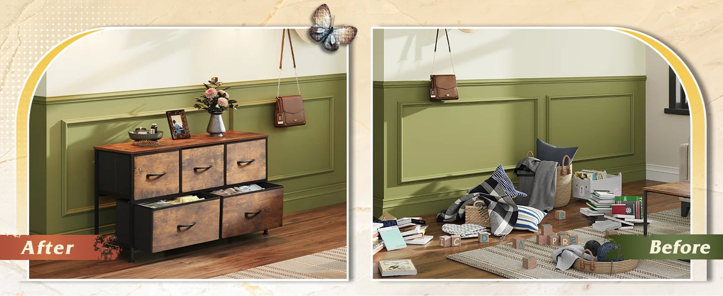 Chest of Drawers,5 Fabric Drawers Cabinet with Easy Pull Handle,Wood Top and Sturdy Steel Frame for Bedroom,Living Room