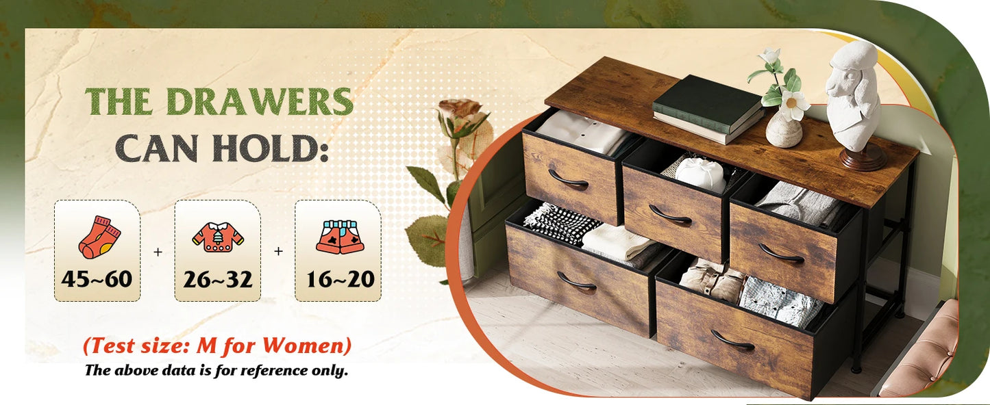 Chest of Drawers,5 Fabric Drawers Cabinet with Easy Pull Handle,Wood Top and Sturdy Steel Frame for Bedroom,Living Room