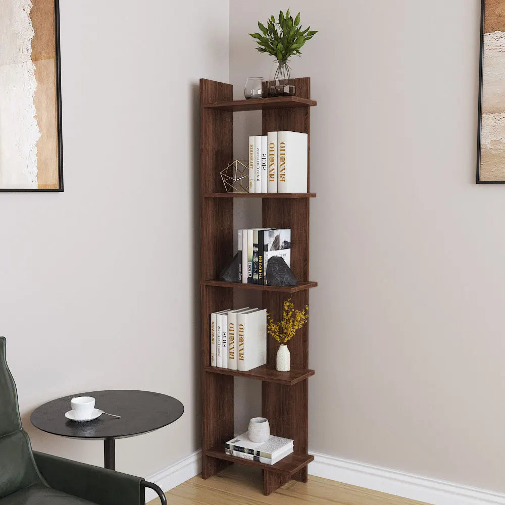 5 Tier Corner Storage Bookshelf Shelving Unit, Walnut