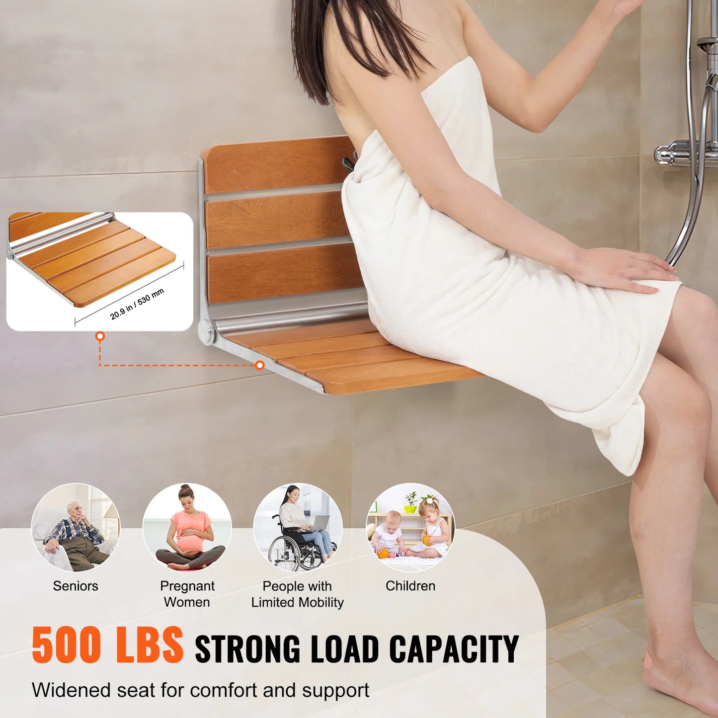 VEVOR Folding Shower Seat Wall Mounted Fold Up Shower Bench Space Saving Home Care Fold Down Shower Chair for Pregnant Women