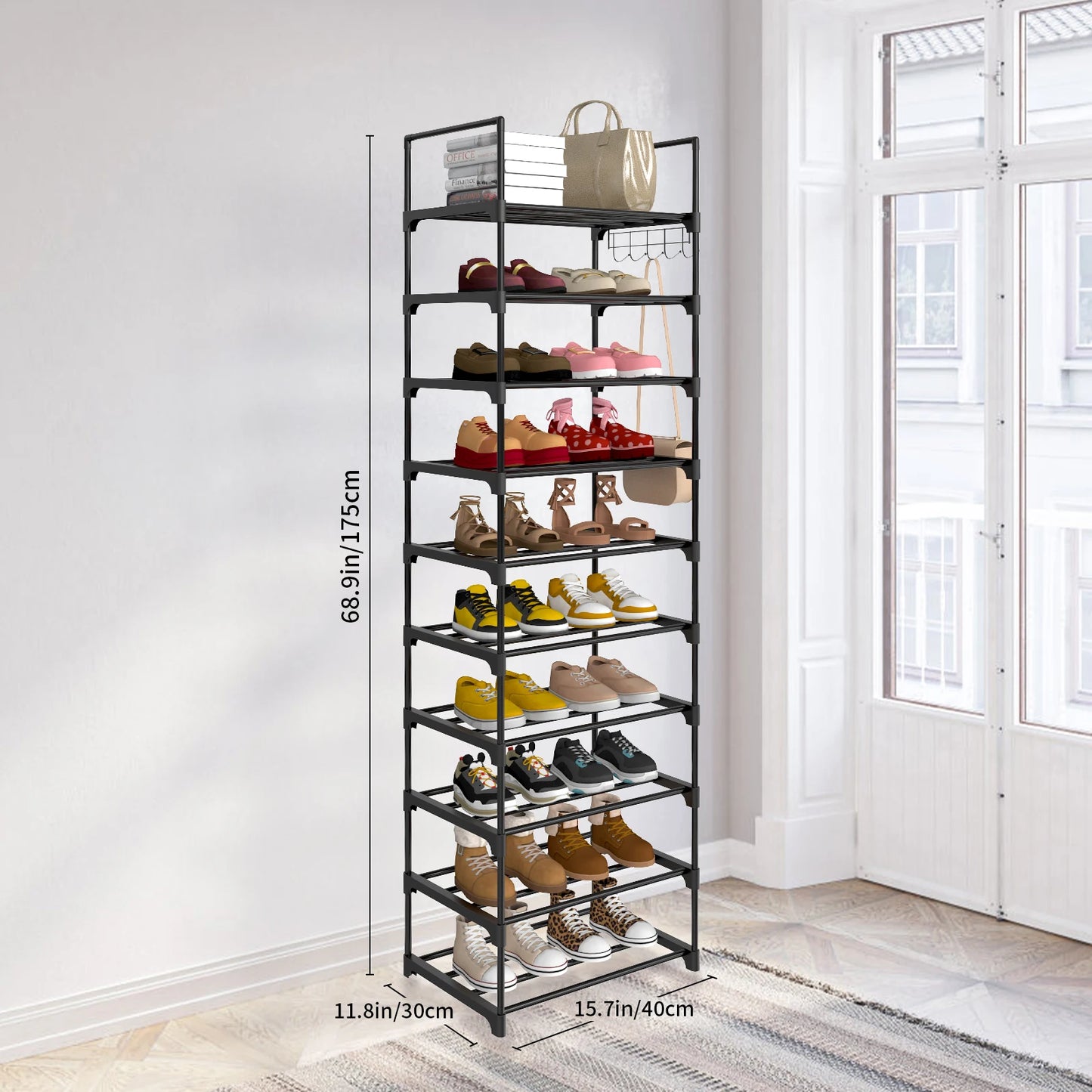 EFAN Shoe Rack, 10-Tier Metal Shoe Storage Organiser, Customisable Design, Metal Frame, Space-Saving Rack, for Room, Hallway