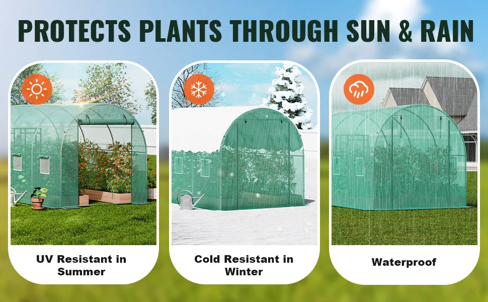 VEVOR Walk-in Tunnel Greenhouse Hoop House Greenhouse Tunnel Plant Hot House with Steel Frame Green PE Cover Roll-up Zipper Door