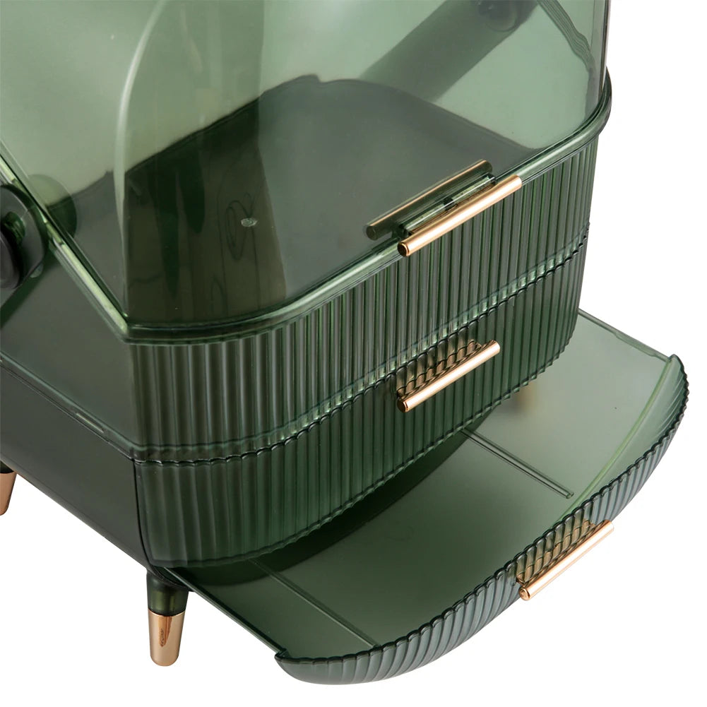 Transparent Green Makeup Organizer with Flip-Top 2 Drawers , Freestanding Large Capacity Cosmetic Storage 25x18.5x38cm