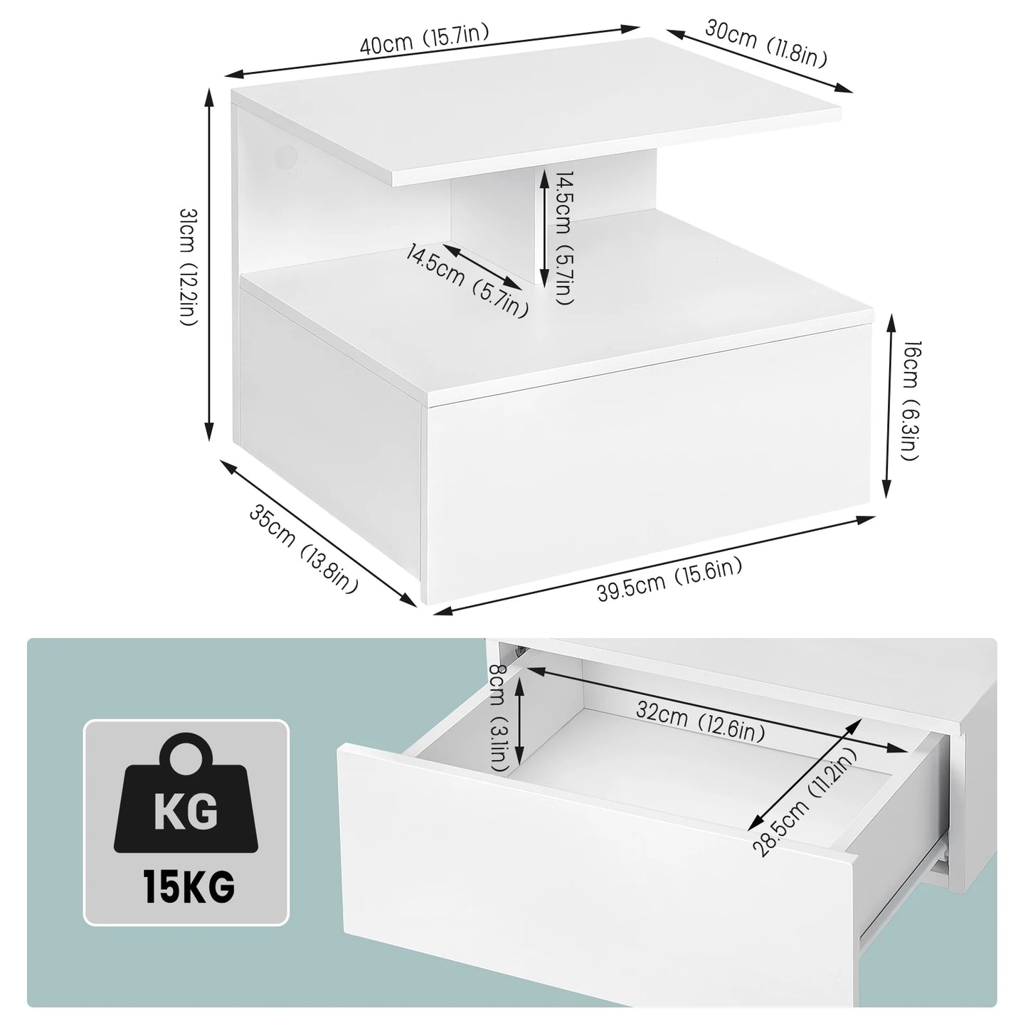 Modern Wooden White/Black Hanging Bedside Table Wall Shelf 40x35x31cm Nightstand with Drawer for Bedroom Home