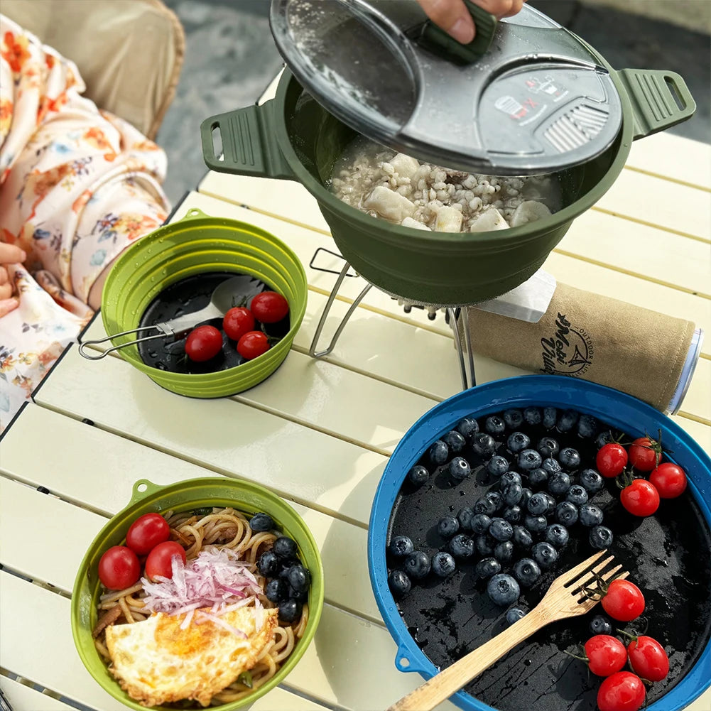 Portable Folding Pot Lunch Box Camping Pot Set with 2 Foldable Bowls Silicone Cooking Food Container Outdoor Camping Tableware