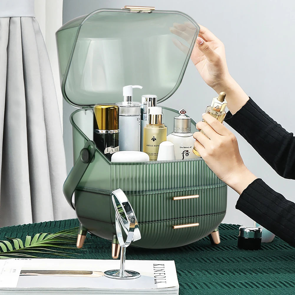 Transparent Green Makeup Organizer with Flip-Top 2 Drawers , Freestanding Large Capacity Cosmetic Storage 25x18.5x38cm