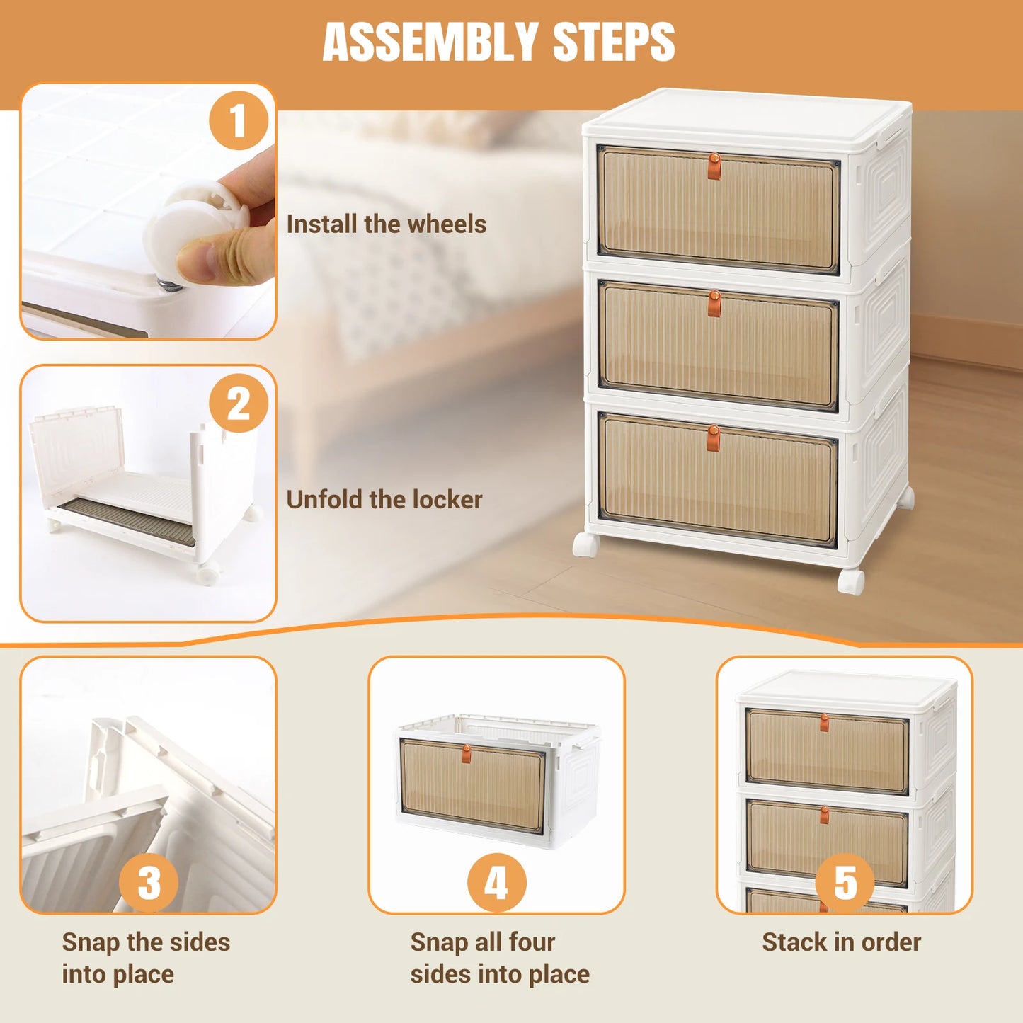 3/4/5-Tier Storage Boxes with Lid, Plastic Storage Boxes with 4 Universal Wheels, Organizer for Bedroom Living Room Study Office
