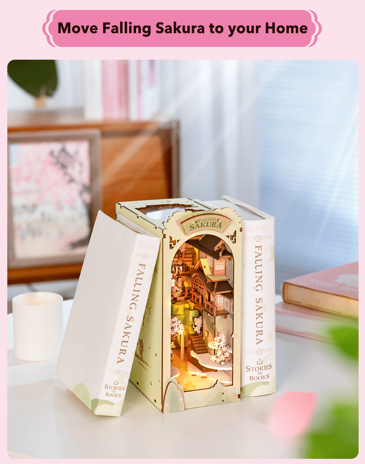 Robotime Rolife Falling Sakura Book Nook with LED Lights – Easy Assembly Home Décor, Perfect Gift for Families and Children (TGB05)