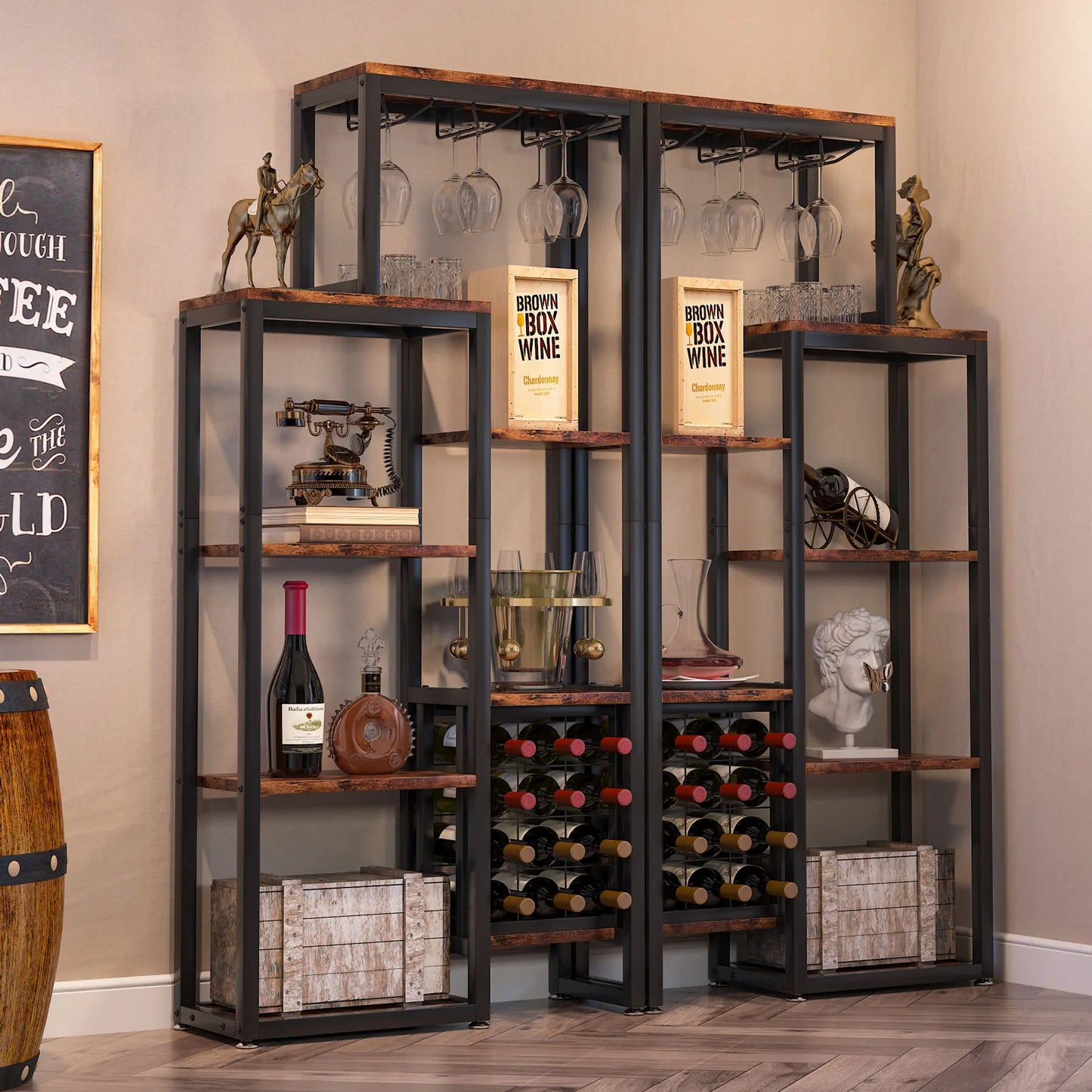 Tribesigns Wine Rack Freestanding Floor, 5-Tier Wine Baker Rack with Glass Holder & Wine Storage, Industrial Wine Display Shelf