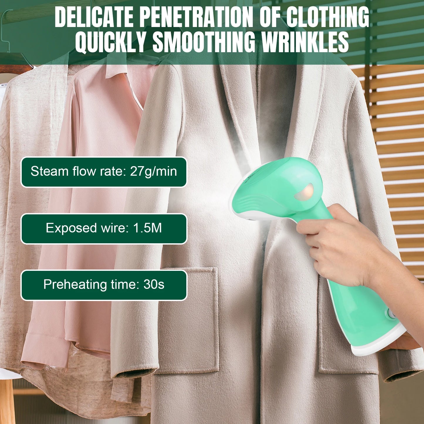 Clothes Steamer Handheld, 1500W Portable Garment Steamer Iron for Clothes with 300ml Tank, Fast Heat-up, Fast Wrinkle Removal