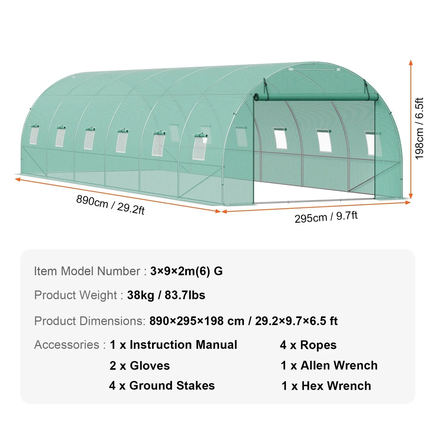 VEVOR Walk-in Tunnel Greenhouse Hoop House Greenhouse Tunnel Plant Hot House with Steel Frame Green PE Cover Roll-up Zipper Door