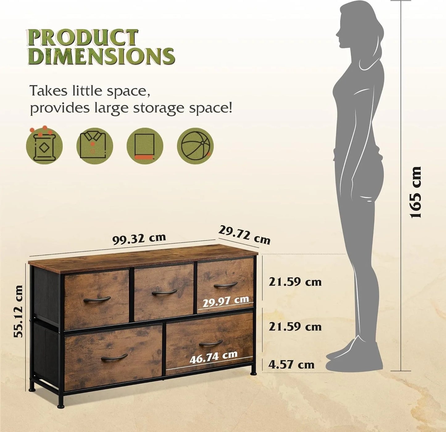 Chest of Drawers,5 Fabric Drawers Cabinet with Easy Pull Handle,Wood Top and Sturdy Steel Frame for Bedroom,Living Room