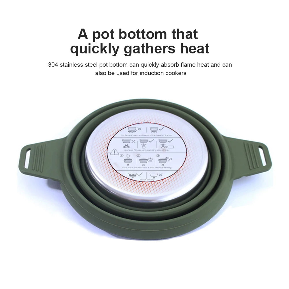Portable Folding Pot Lunch Box Camping Pot Set with 2 Foldable Bowls Silicone Cooking Food Container Outdoor Camping Tableware