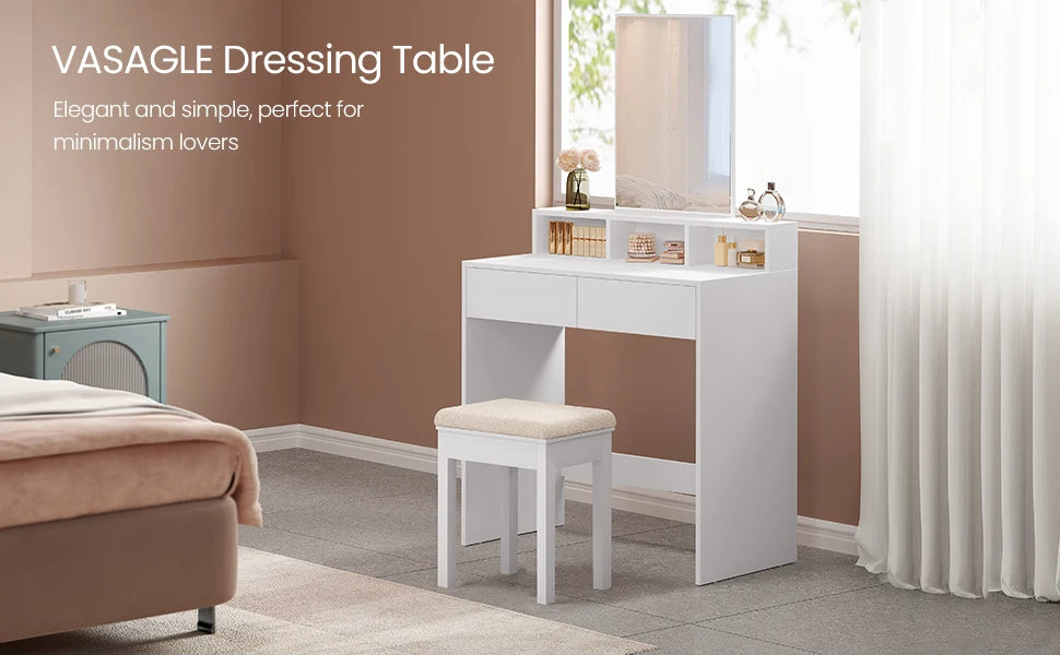 VASAGLE Dressing Table with Large Rectangular Mirror, Vanity Table with 2 Drawers and 3 Open Compartments, Vanity Table