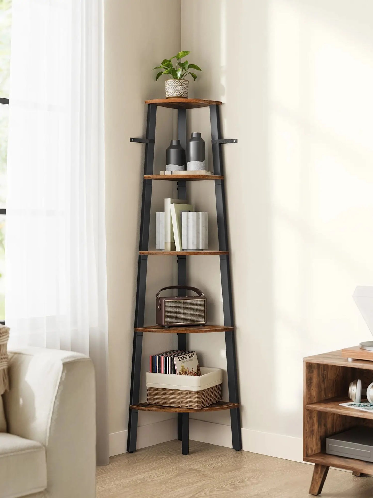 VASAGLE Corner Shelf Unit, 5-Tier Corner Shelf, Ladder Shelf for Living Room, Bookshelf or Plant Stand