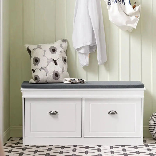 White 2 Drawer Flip Down Wooden Shoe Bench Cabinet Flip Down Design with Soft Cushions