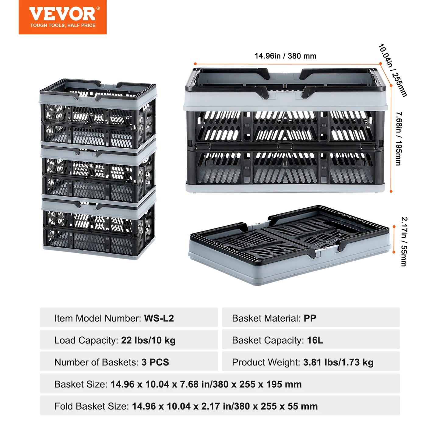 VEVOR 3pcs Foldable Storage Basket Collapsible Shopping Crate with Handle for Kitchen Grocery Living Room Desktop Organization