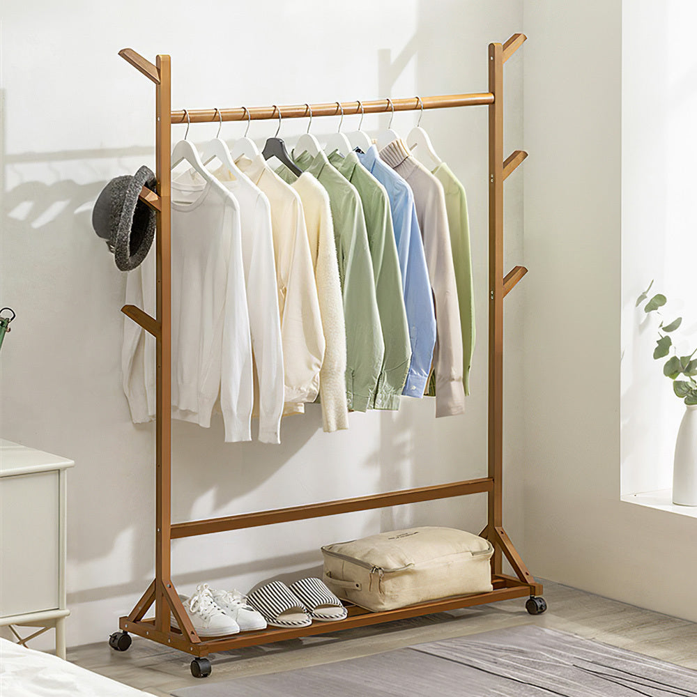 Bamboo Garment Hat Rack with 360-rotating Wheels for Bedrooms Entryways Laundry Rooms