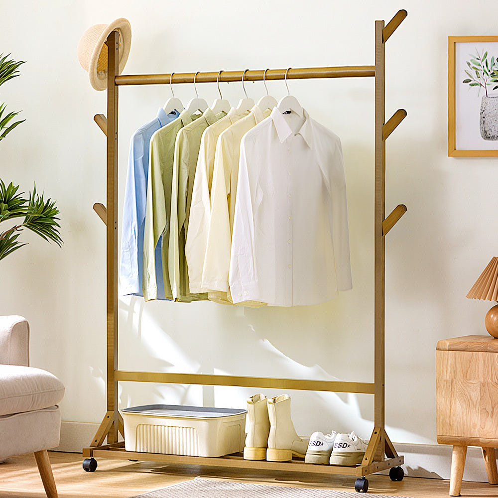 Bamboo Garment Hat Rack with 360-rotating Wheels for Bedrooms Entryways Laundry Rooms
