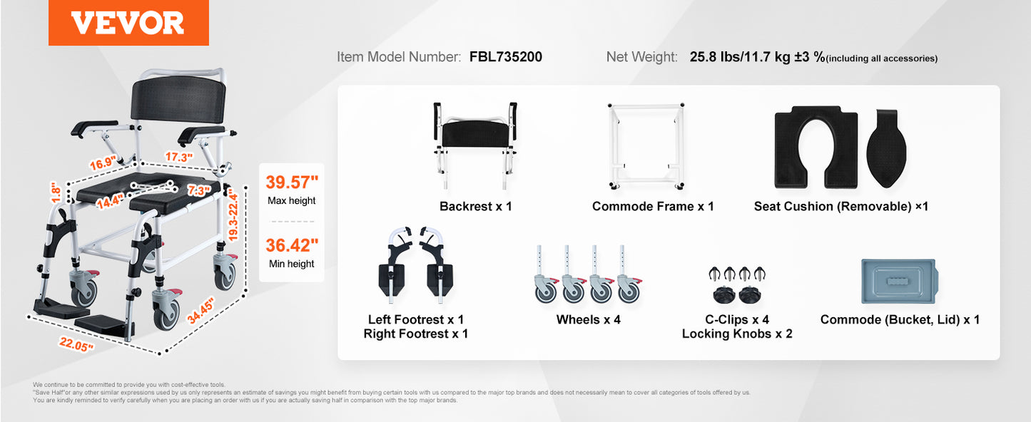 VEVOR Shower Commode Wheelchair with 4 Lockable Wheels Footrests Flip-up Arms 3-Level Adjustable Height 5L Removable Bucket