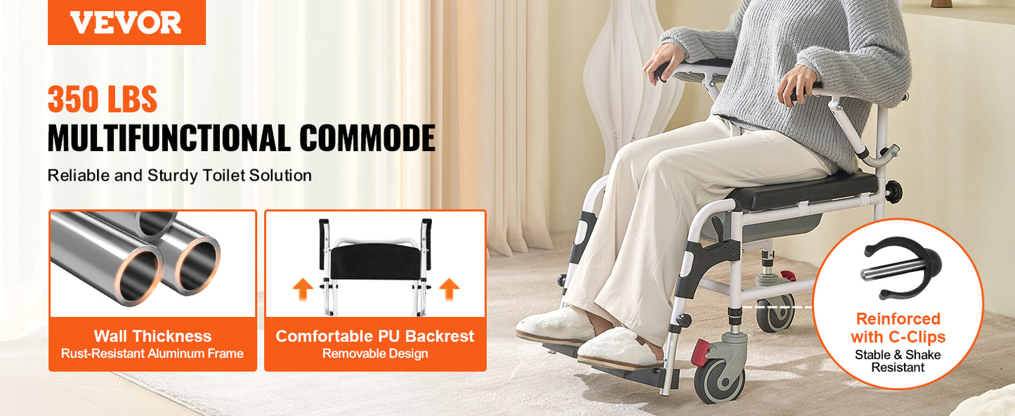 VEVOR Shower Commode Wheelchair with 4 Lockable Wheels Footrests Flip-up Arms 3-Level Adjustable Height 5L Removable Bucket