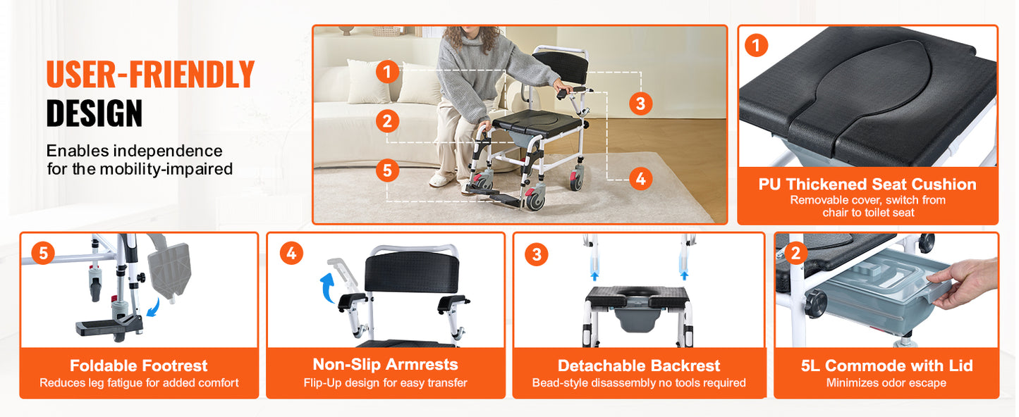 VEVOR Shower Commode Wheelchair with 4 Lockable Wheels Footrests Flip-up Arms 3-Level Adjustable Height 5L Removable Bucket