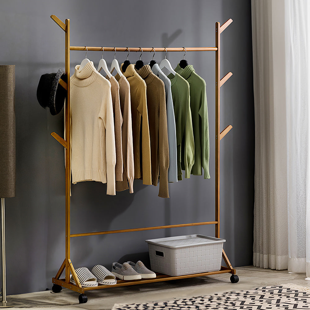 Bamboo Garment Hat Rack with 360-rotating Wheels for Bedrooms Entryways Laundry Rooms