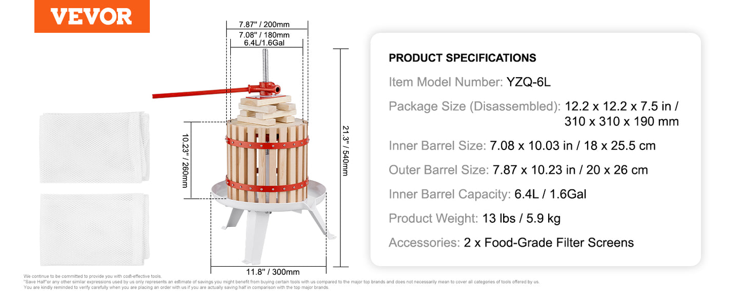 VEVOR Fruit Wine Press 6L/18L/12L Solid Wood Basket 6 or 8 Blocks Manual Juice Maker with Pole Handle Bar for Kitchen and Home