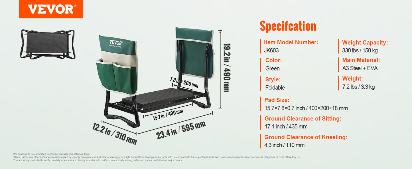 VEVOR Garden Kneeler and Seat Foldable Garden Stool Kneeling Bench for Gardening with Tool Bag Gifts for Grandparents Seniors
