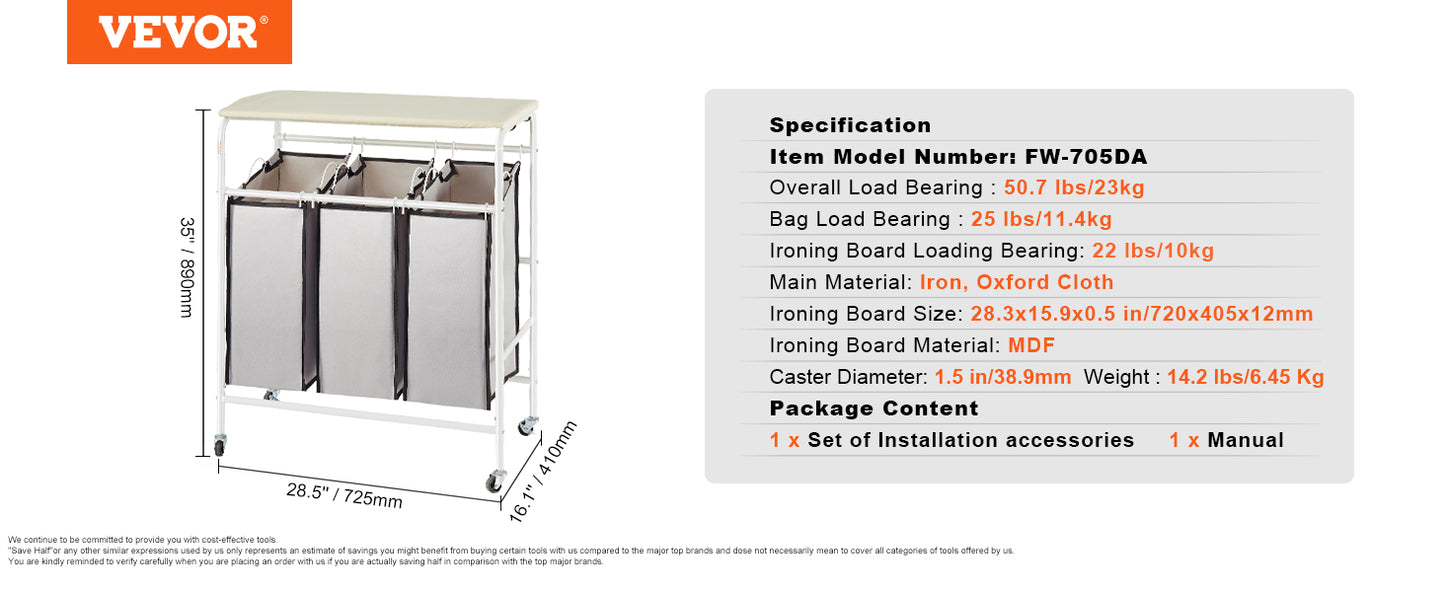 VEVOR 3/4-Section Laundry Sorter Cart W/ Ironing Board Laundry Hamper Rolling Laundry Basket Sorter for Clothes Cleaning Storage