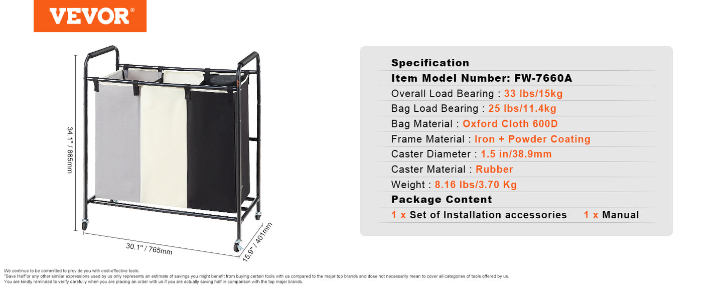 VEVOR 3/4-Section Laundry Sorter Cart W/ Ironing Board Laundry Hamper Rolling Laundry Basket Sorter for Clothes Cleaning Storage