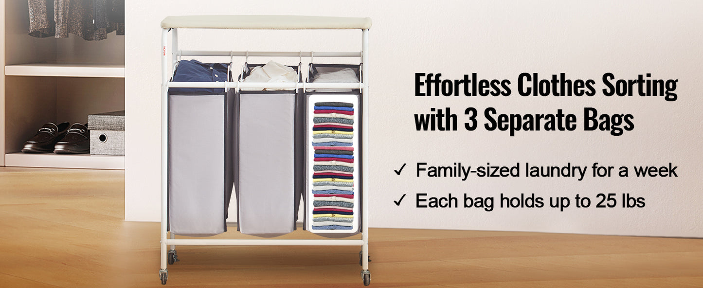 VEVOR 3/4-Section Laundry Sorter Cart W/ Ironing Board Laundry Hamper Rolling Laundry Basket Sorter for Clothes Cleaning Storage