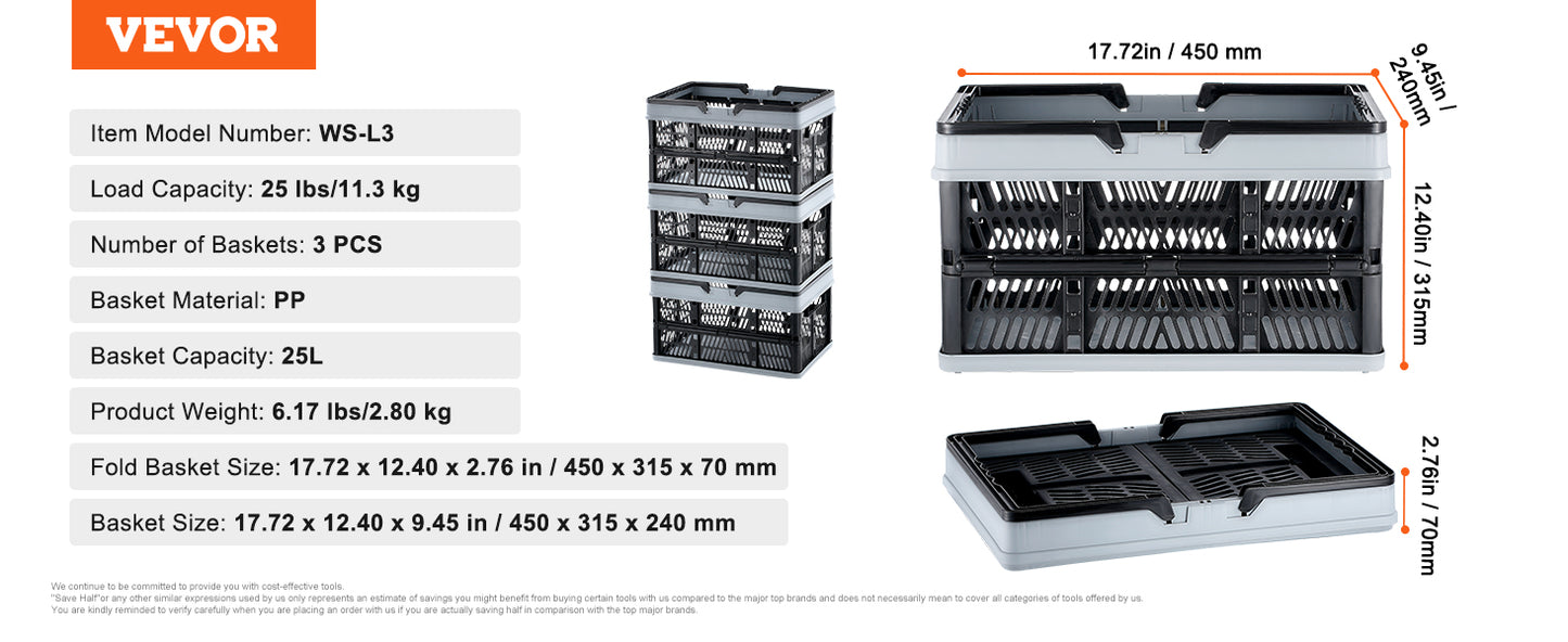 VEVOR 3pcs Foldable Storage Basket Collapsible Shopping Crate with Handle for Kitchen Grocery Living Room Desktop Organization