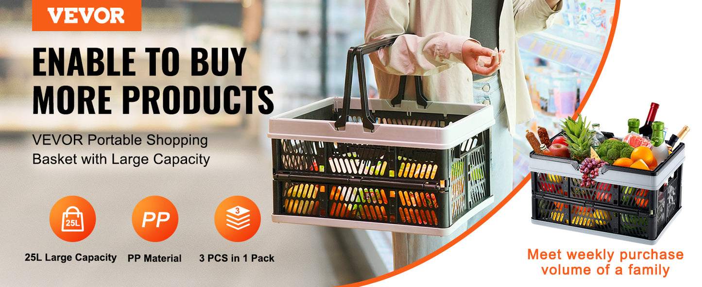VEVOR 3pcs Foldable Storage Basket Collapsible Shopping Crate with Handle for Kitchen Grocery Living Room Desktop Organization