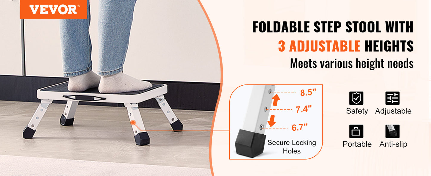 VEVOR Step Stool 1 Step 330lbs Capacity Adjustable Height Toddlers Adults Non Slip Sturdy For Office RVs Pets Bathrooms Bedrooms