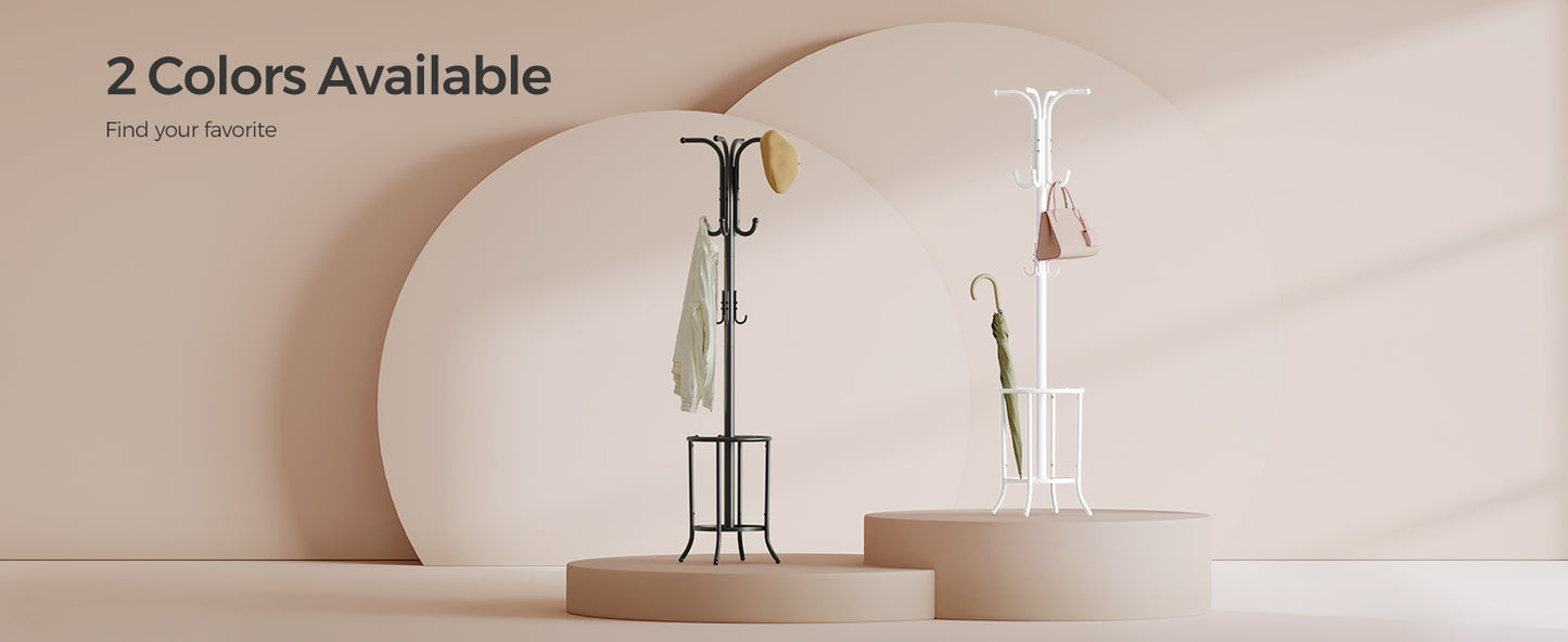 SONGMICS Coat Rack Freestanding, Coat Stand with Umbrella Holder, 12 Hooks, Metal, 175 cm Tall