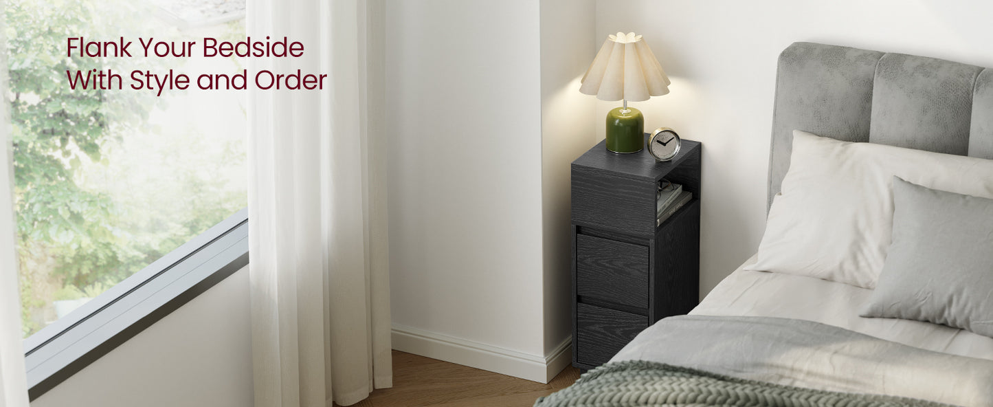 VASAGLE Slim Bedside Table, Small Narrow Side End Table with 2 Drawers, 1 Open Compartment Mounted to Face Left or Right