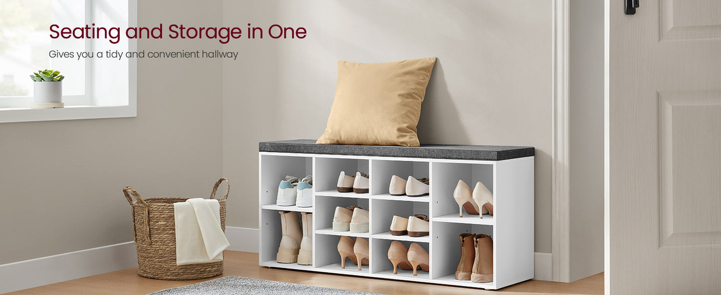 VASAGLE Shoe Bench, Shoe Shelf, Shoe Rack, Storage Cabinet, 10 Compartments, with Cushion, for Entryway, 104 x 30 x 48 cm