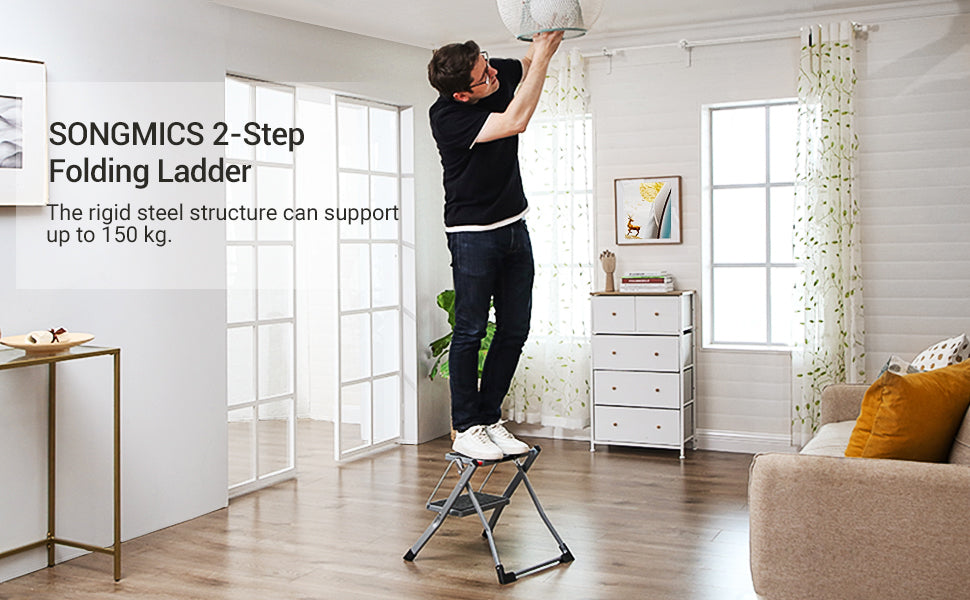 SONGMICS 2 Step Ladder, Heavy Duty Steel, Folding, Portable with Anti-Slip Mat Max. Load Capacity up to 150 kg