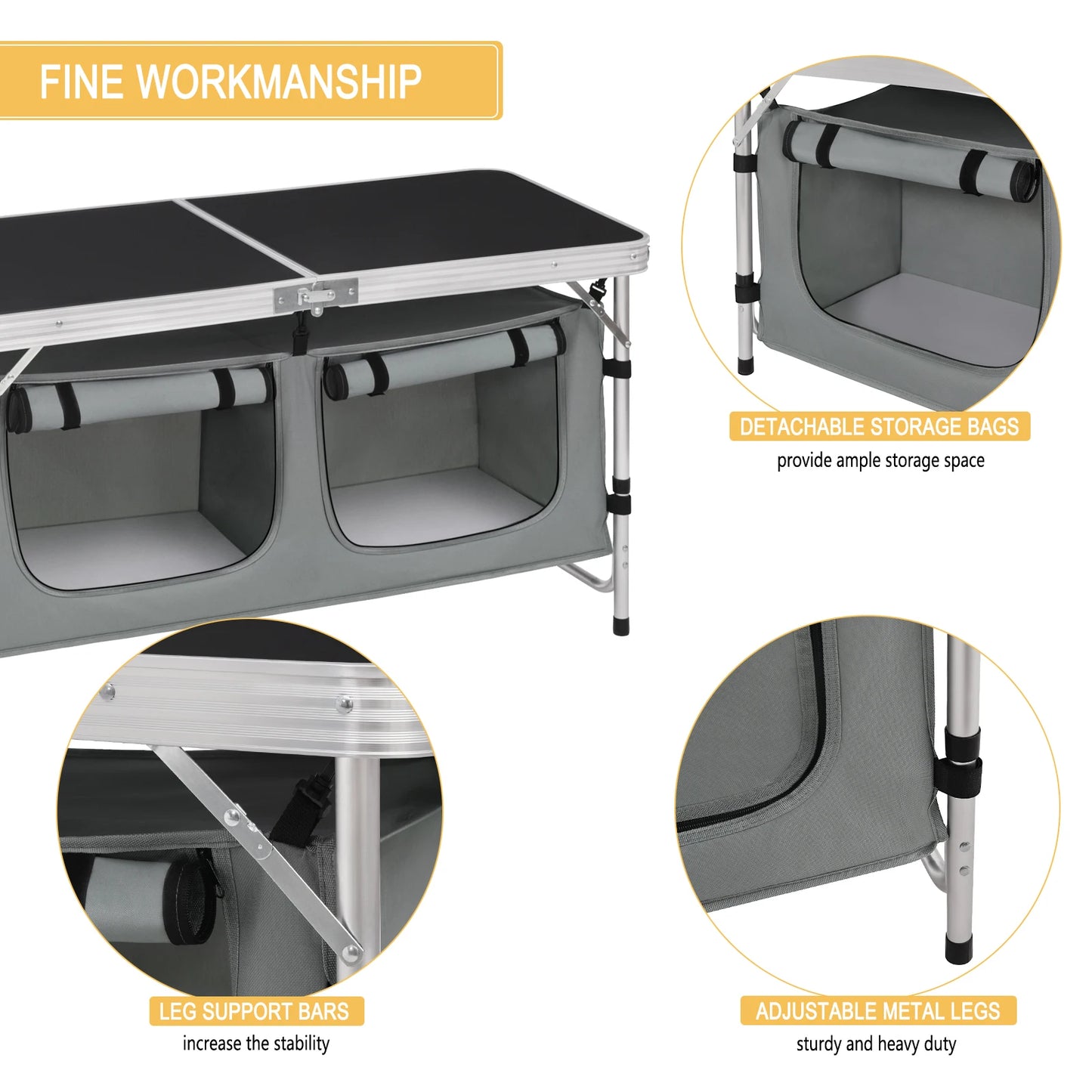 Folding Picnic Table Kitchen Camping Cupboards Aluminum Suitcase Table with Storage Bag Adjustable Height Outdoor Garden Table