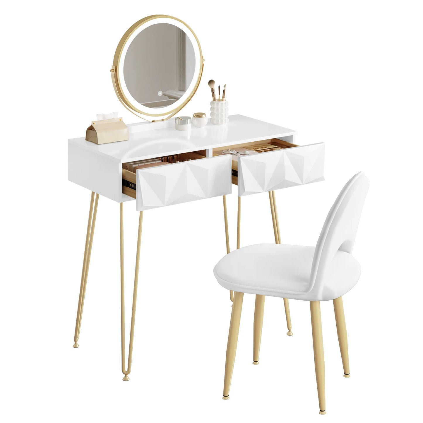 1SET Dresser Vanity Makeup Table Girls Women Dressing Table with 3-level Adjustable LED Mirror Velvet Chair for Bedroom Gift