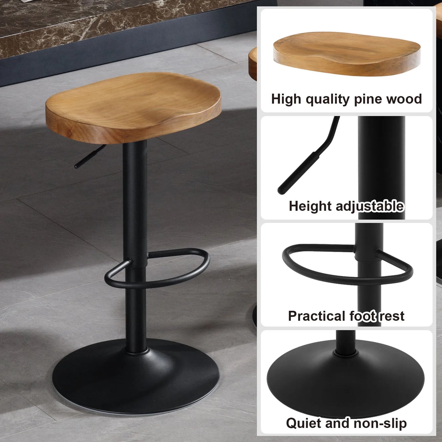 WOLTU 1PC Industrial Wooden Bar Stool Bar Chair Height Adjustable 360° Swivel High Stool with Footrest Kitchen Work Makeup Stool