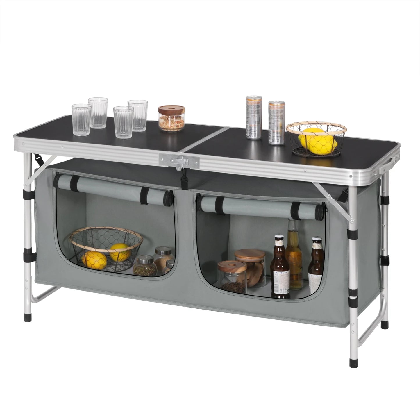 Folding Picnic Table Kitchen Camping Cupboards Aluminum Suitcase Table with Storage Bag Adjustable Height Outdoor Garden Table