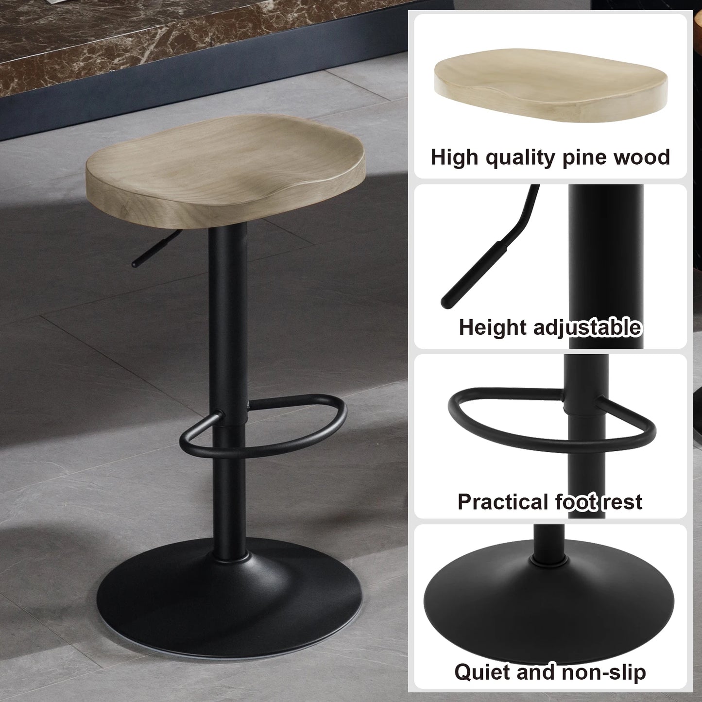 WOLTU 1PC Industrial Wooden Bar Stool Bar Chair Height Adjustable 360° Swivel High Stool with Footrest Kitchen Work Makeup Stool