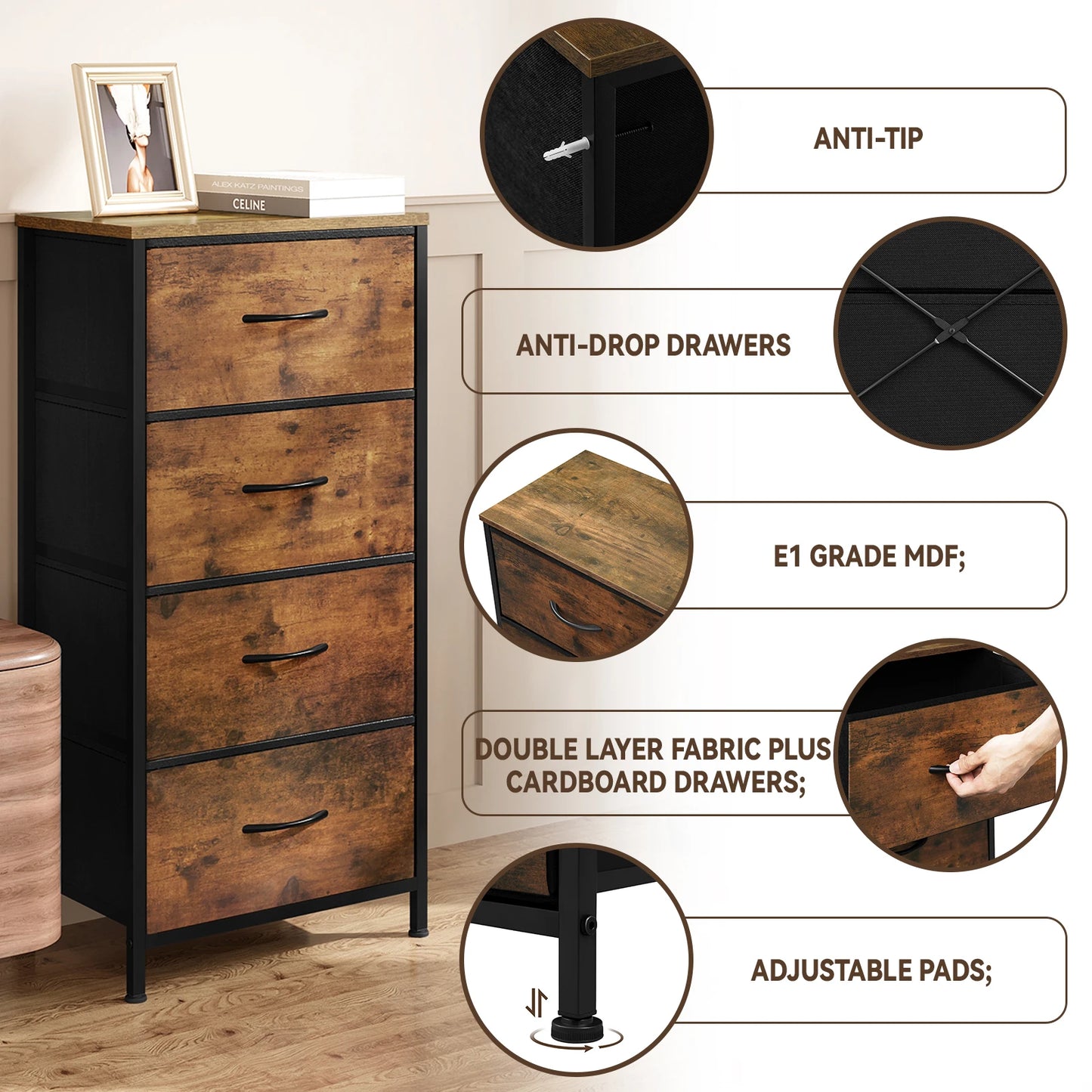 Cabinet Narrow Chest of Drawers with 4 Drawers Fabric Sideboard Storage for Home Bedroom  Hallway Living Room Organizer