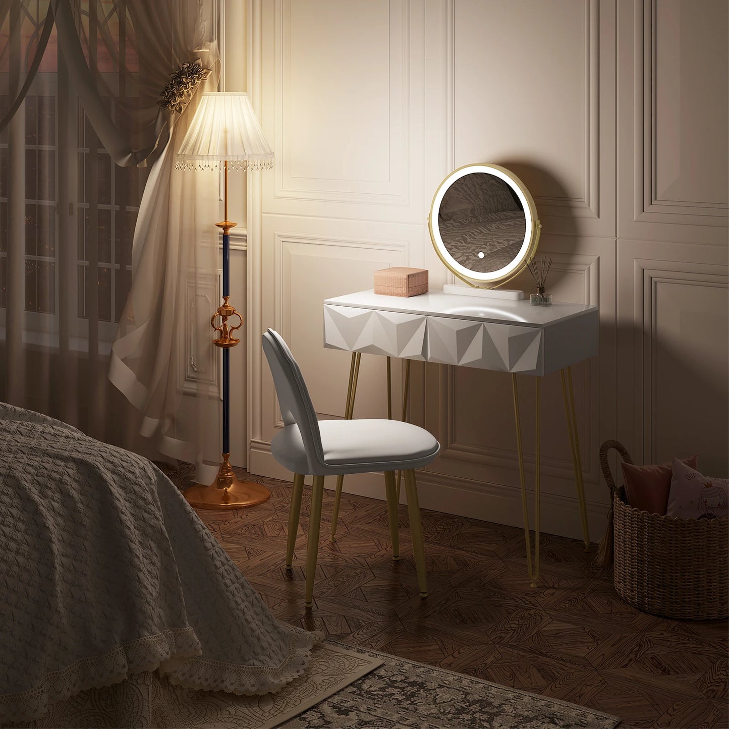 1SET Dresser Vanity Makeup Table Girls Women Dressing Table with 3-level Adjustable LED Mirror Velvet Chair for Bedroom Gift